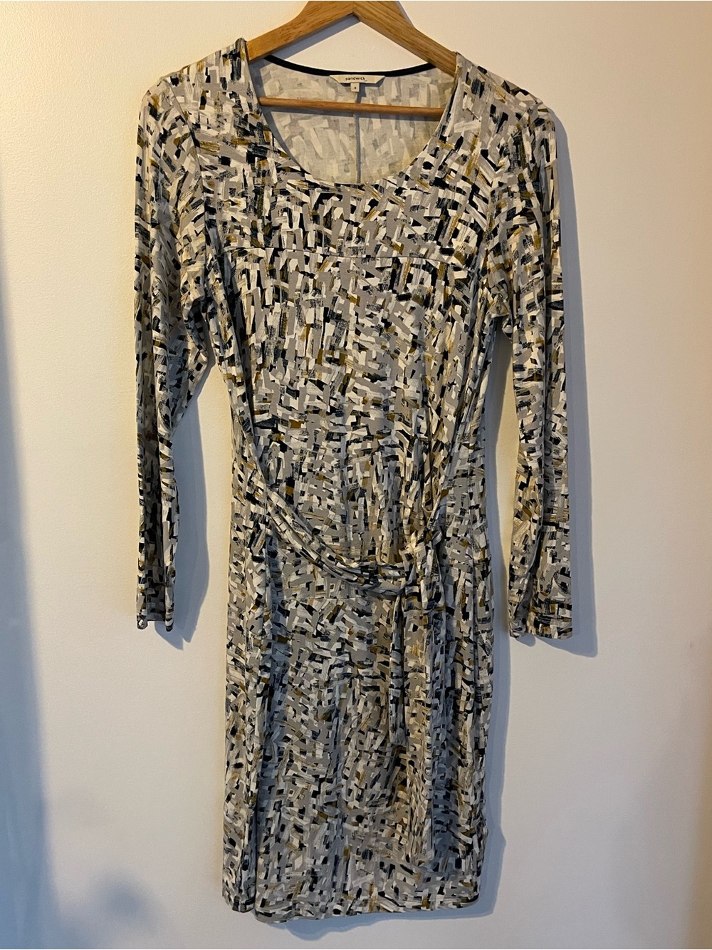Sandwich Abstract Print Long Sleeve Tie Waist Dress Grey Black Small S